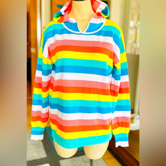 MULTI COLORED SMALL LIGHTWEIGHT HOODED SWEATER—LIKE NEW-PERFECT-OVER SIZED LOOK - Picture 1 of 13
